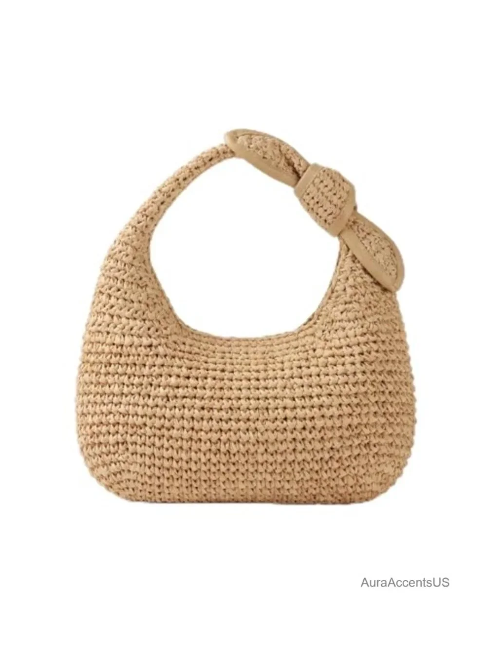 Handwoven Straw Hobo Bag with Bow Detail and Zipper